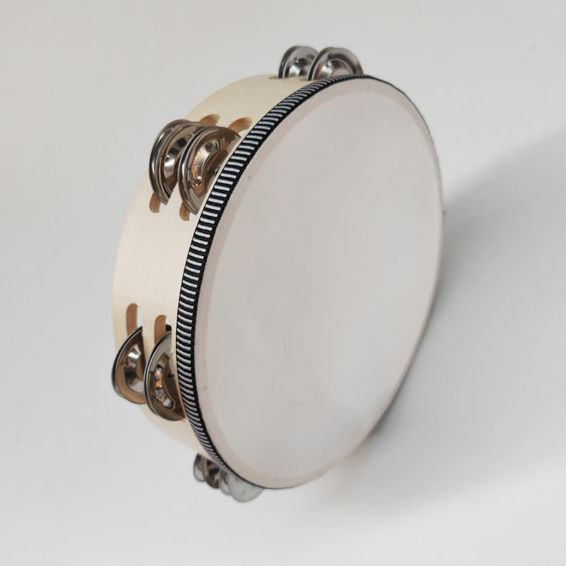 Picture of Wooden Double Row Tambourine Kidsren's Tambourine Percussion Instrument Imitation Goatskin Hand Drum Rattle Orff Musical Instrument Teaching Aids