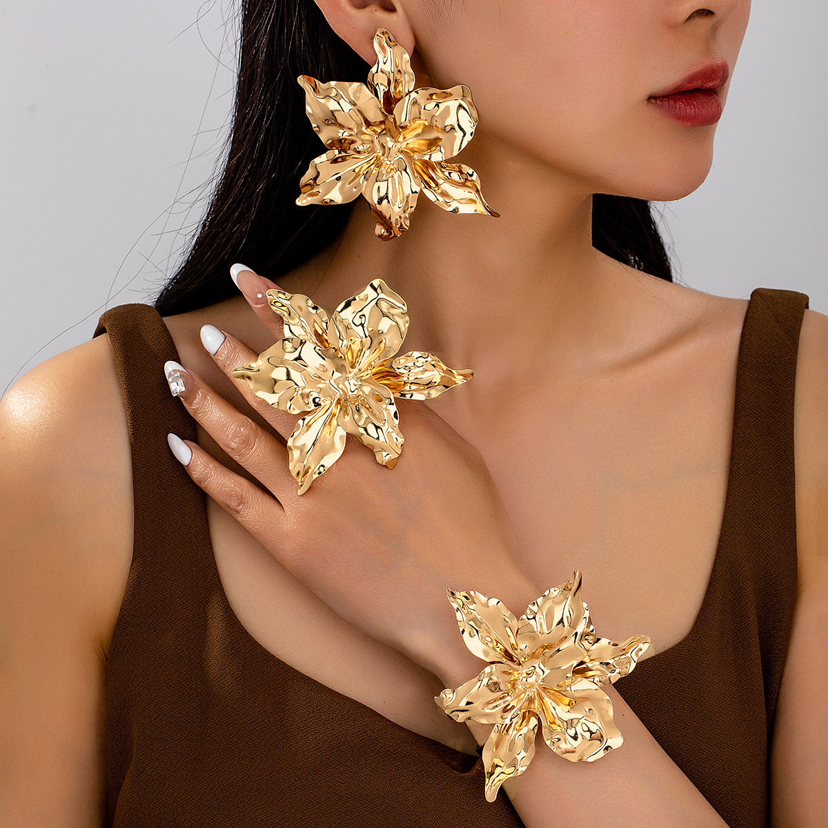 Cross-Border European and American Exaggerated Pleated Three-Dimensional Large Flower Bracelet Earrings Ring Simple Fashion Women's Set