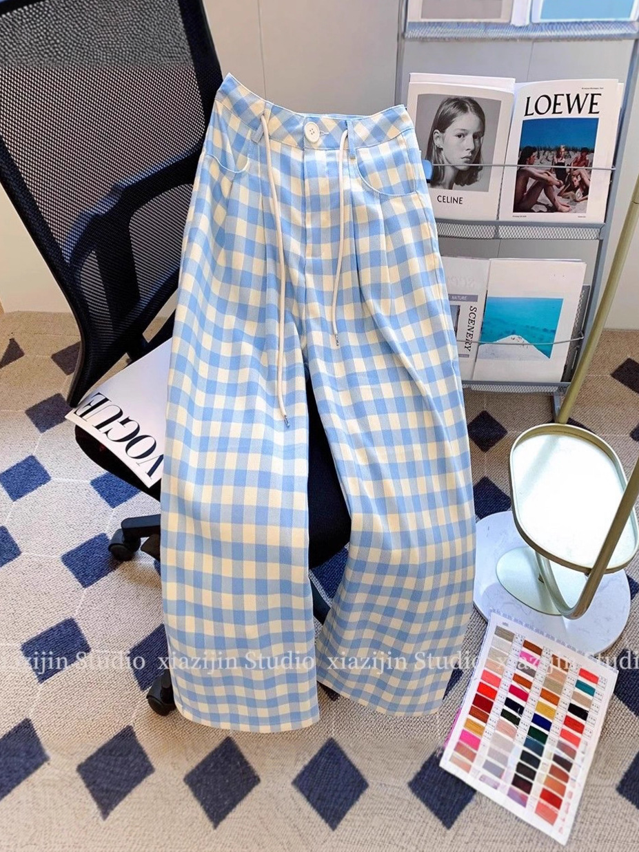 2025 new blue plaid slacks, summer and spring thin women's loose wide-leg pants, high-waisted drape Yamamoto pants