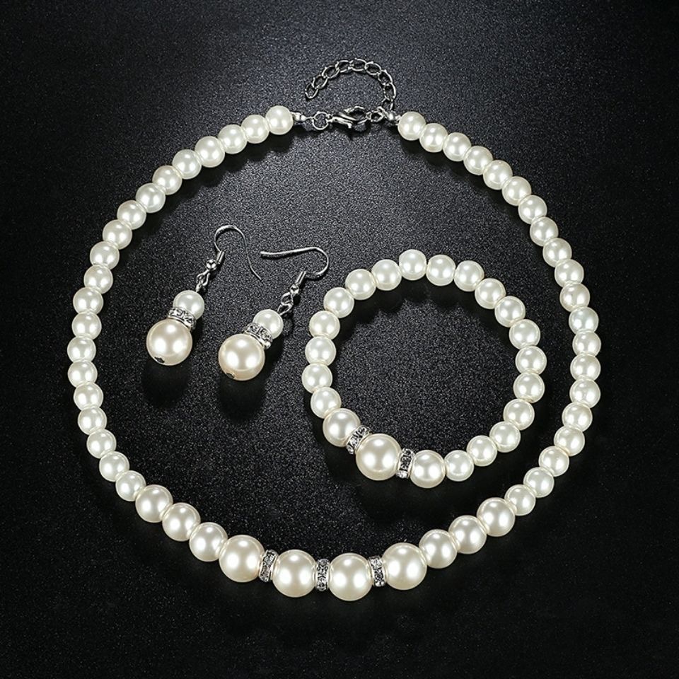 Picture of ABS pearl jewelry suit women's necklace earrings bracelet three-piece set gift for Mother beautiful wedding photo accessories