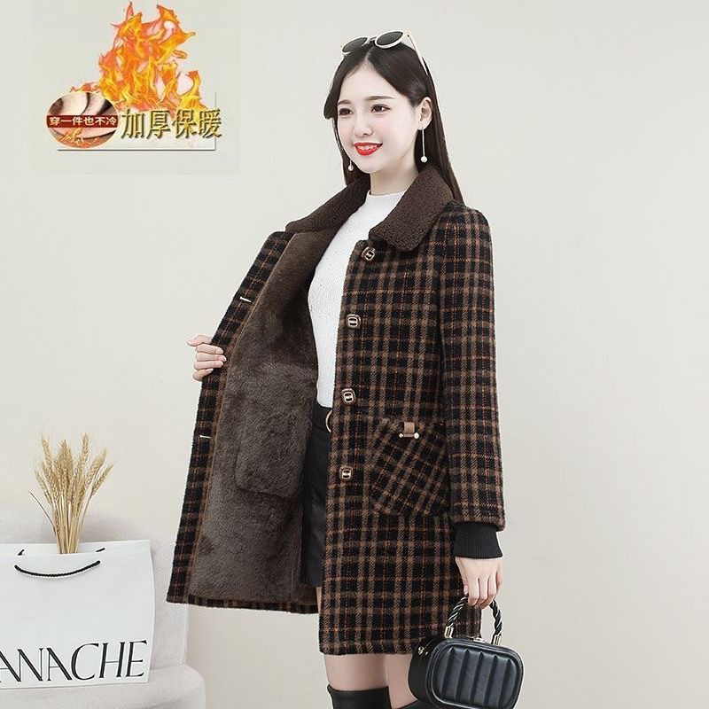 Thick Velvet Outwear for Women, Winter Plaid Slim Outwear, Mother's Wear, Large Size Mid-Length Style Warm Outwear