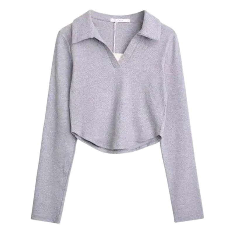 QIAOFUDUO-autumn new pure bm short niche design irregular polo collar long sleeve T-shirt women