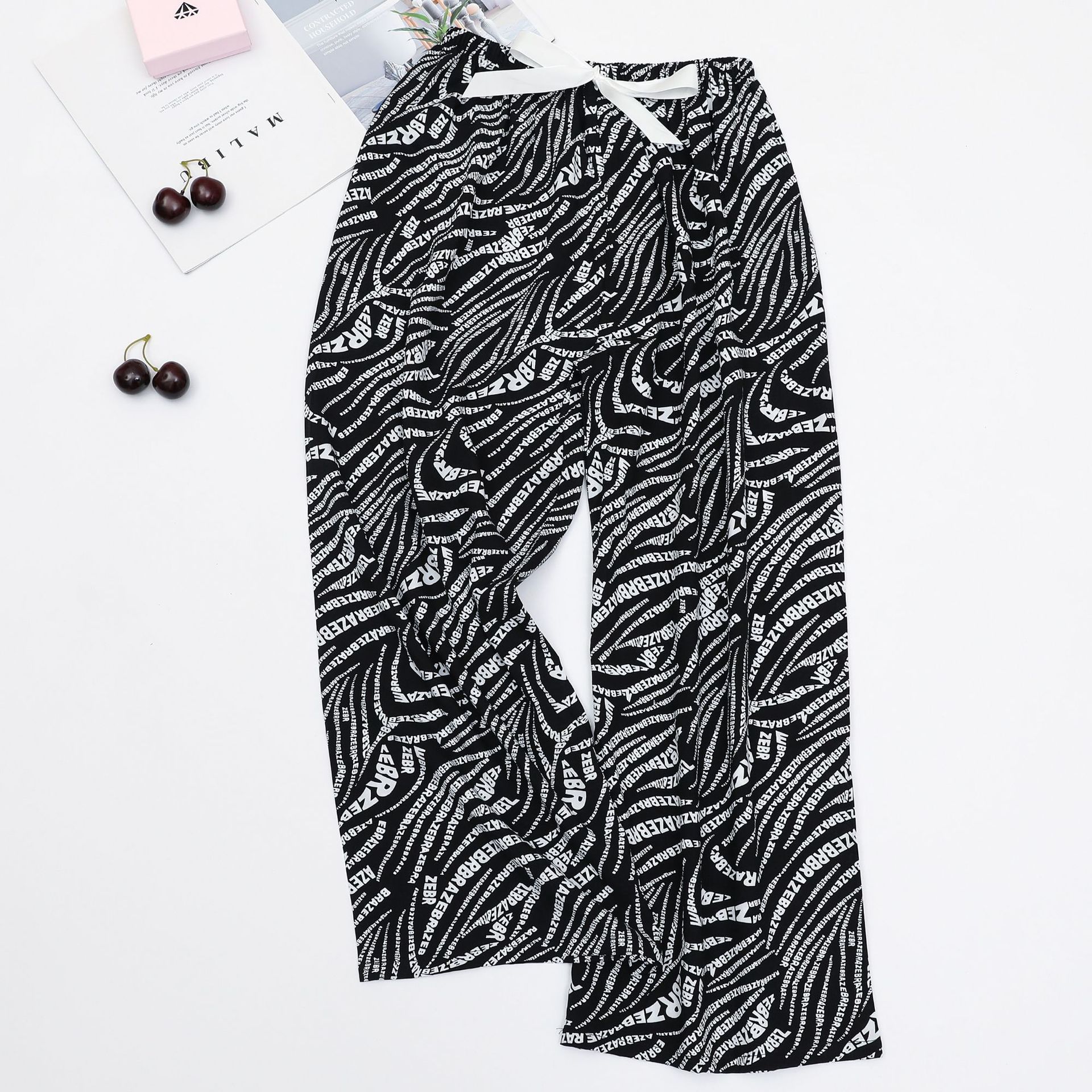 Picture of Cotton Silk Pajama Pants Women's Summer Thin Black and White Cartoon Style Wide Leg Pants Large Size Loose Outer Wearing Foreign Trade Beach Pants