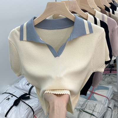 Korean Style Contrast Color Lar Elegant Knitted Sweater Short-sleeved 2024 Spring and Summer New Short Slim-fit Slimming Women's Top Trendy