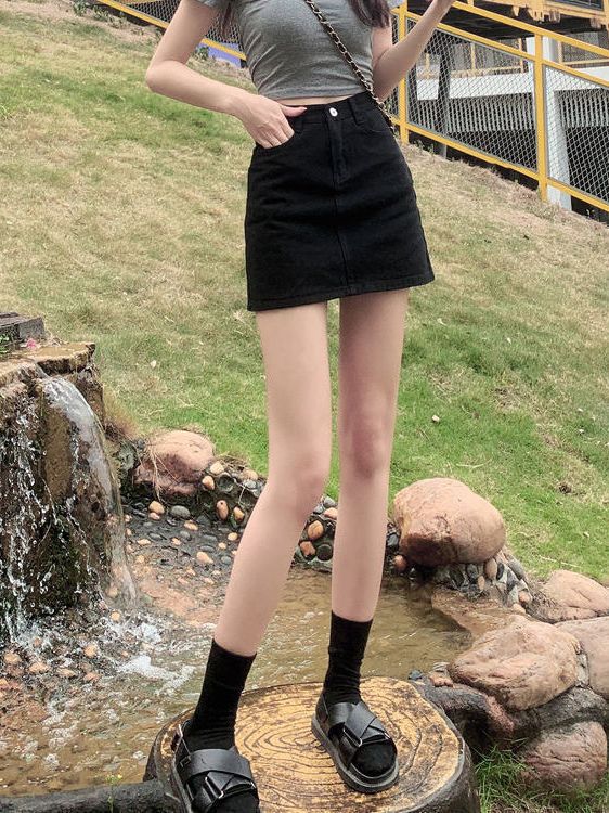 Picture of Black Denim short skirt for women 2023 new summer high waist slimming A- line skirt anti-exposure sheath skirt ins