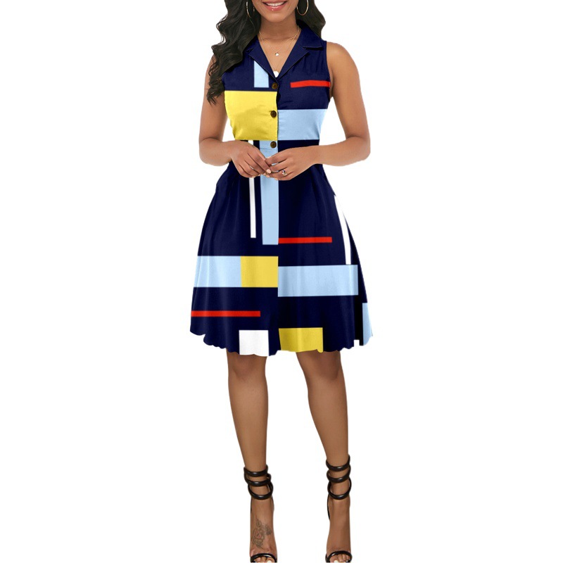 European and American Sexy Fashion Skirt Cross-border Amazon Women's Digital Printing Sleeveless V-neck Button Elegant dress