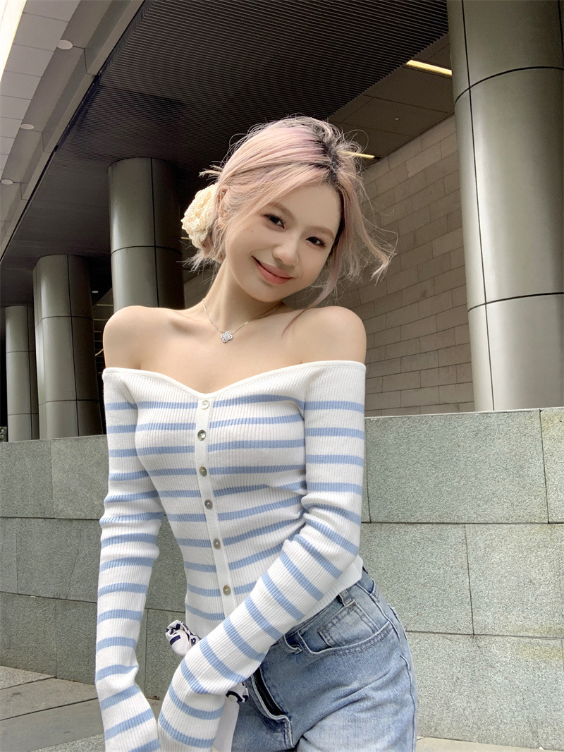 One-word Collar Blue and White Striped Long-sleeved Sweater Women's Autumn Slim-fit Slimming Base Shirt Pure Short Shoulder Top