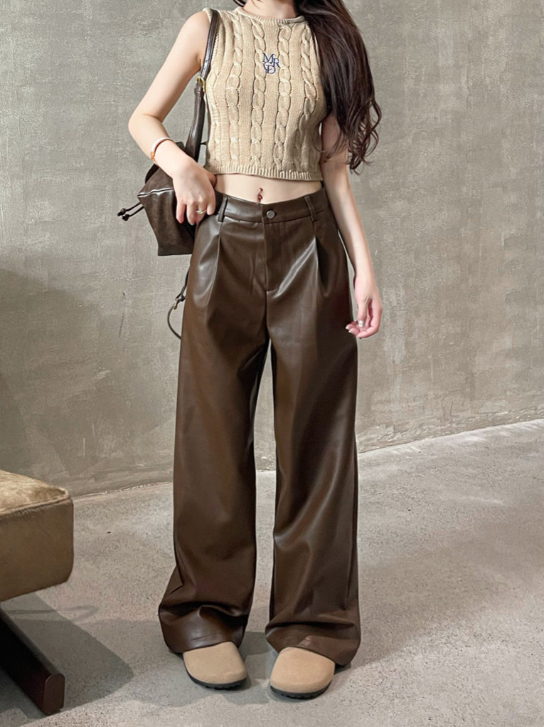 Loose PU Leather Pants Women's 2024 New Autumn and Winter Korean Style Internet Celebrity High Waist Straight Tube Slimming Casual Pants Leather Wide Leg Pants