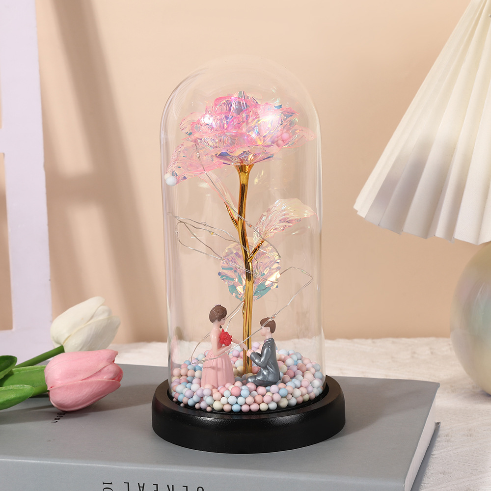 Picture of Valentine's Day Eternal Flower Glass Cover Finished Product Valentine's Day Doll Rose Gold Foil Flower Gift Ornament Birthday Gift