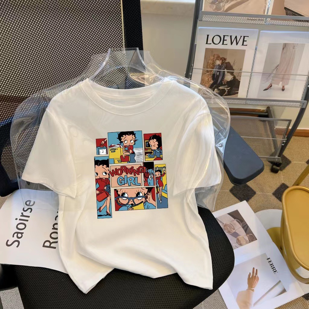 2024 Summer TikTok Internet Popular Short-sleeved T-shirt Women's Shoulder Retro Pure Cotton Korean Couple White Top Trendy