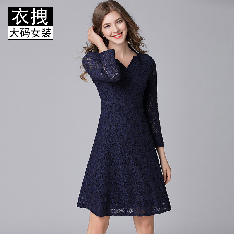 Brand young age dress European and American autumn and winter New deep V lace plus velvet padded dress plump girls large size women