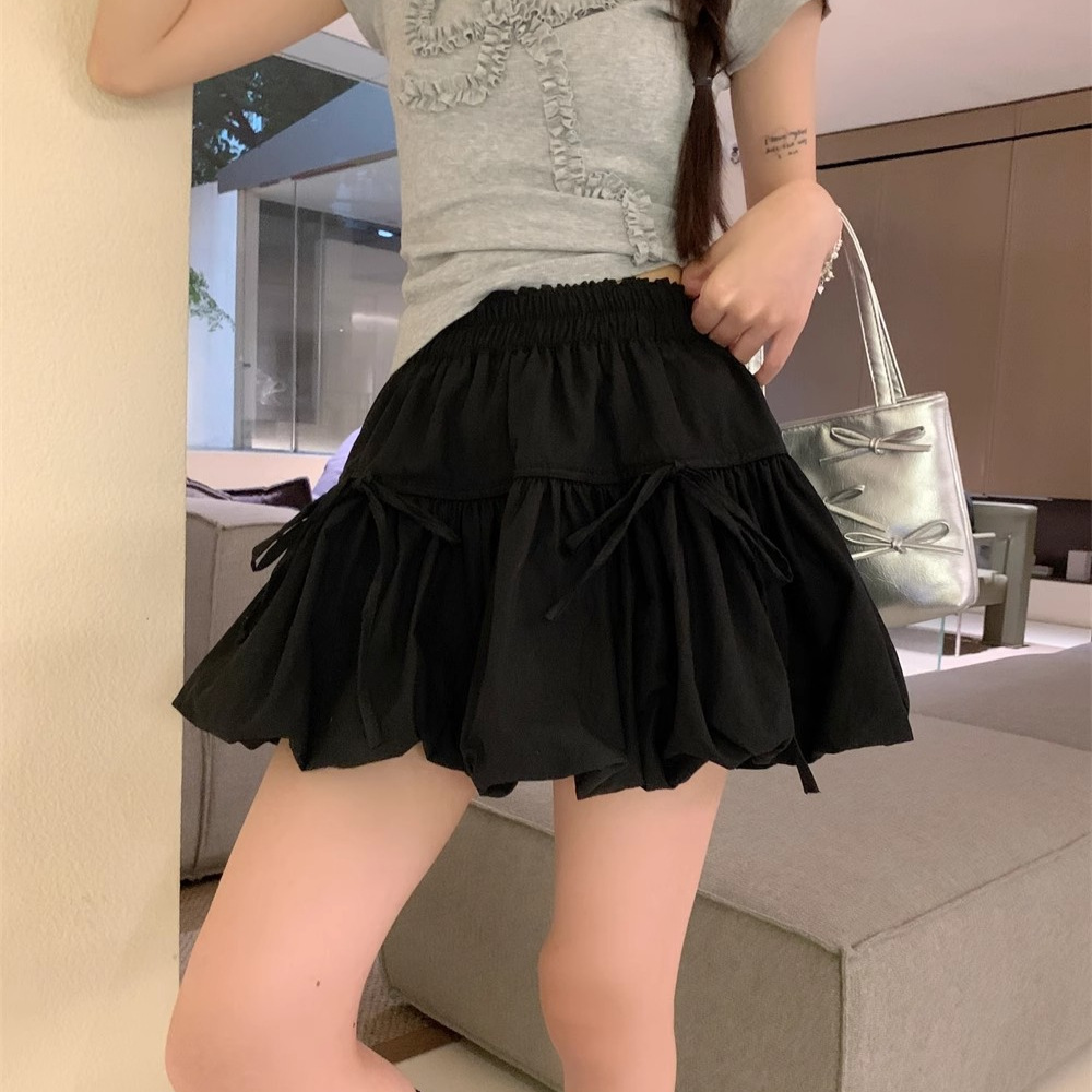 Puffy Short Skirt New Flower Bud High Waist Slimming Tie 2025 Women's Bow A- line Spring and Summer Flower Bud Skirt