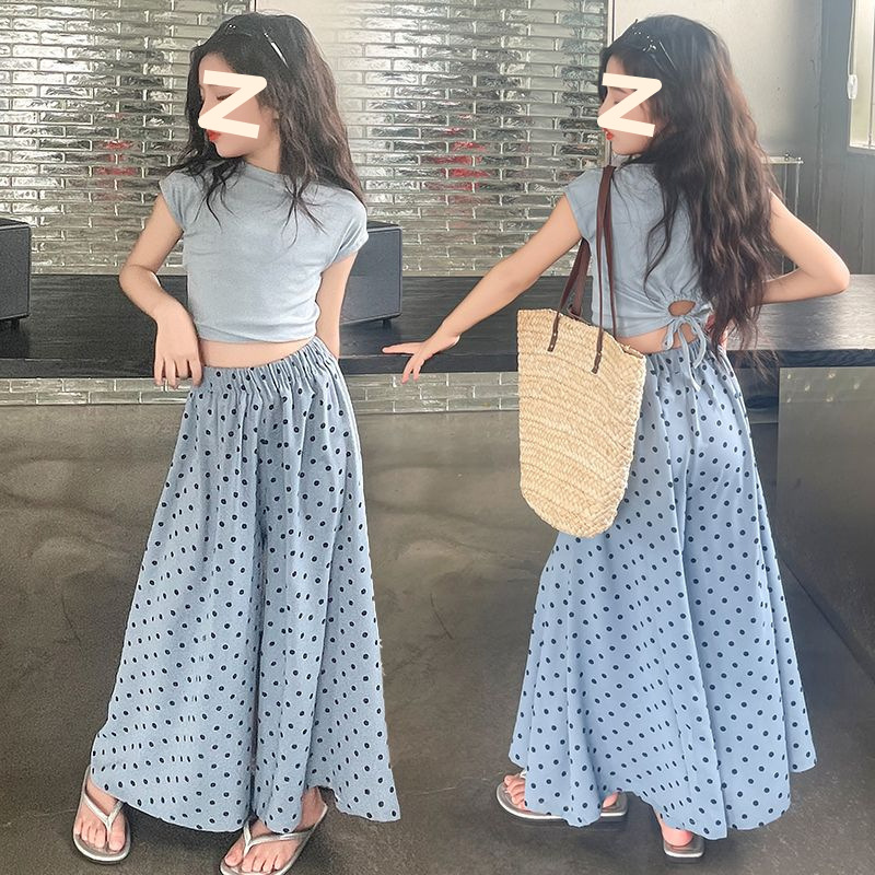 Girls Summer Fashionable Western Style Wave Dot Skirt suit 2024 New Children's Tight T-Shirt Skirt Two-Piece Trendy Set
