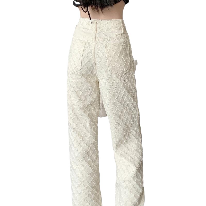 Picture of Jacquard Wide-Leg Jeans, High-Waisted, Loose, Large-Size Women's Straight-Leg Pants, Autum Versatile Fashionable Floor-Length Slim Trousers