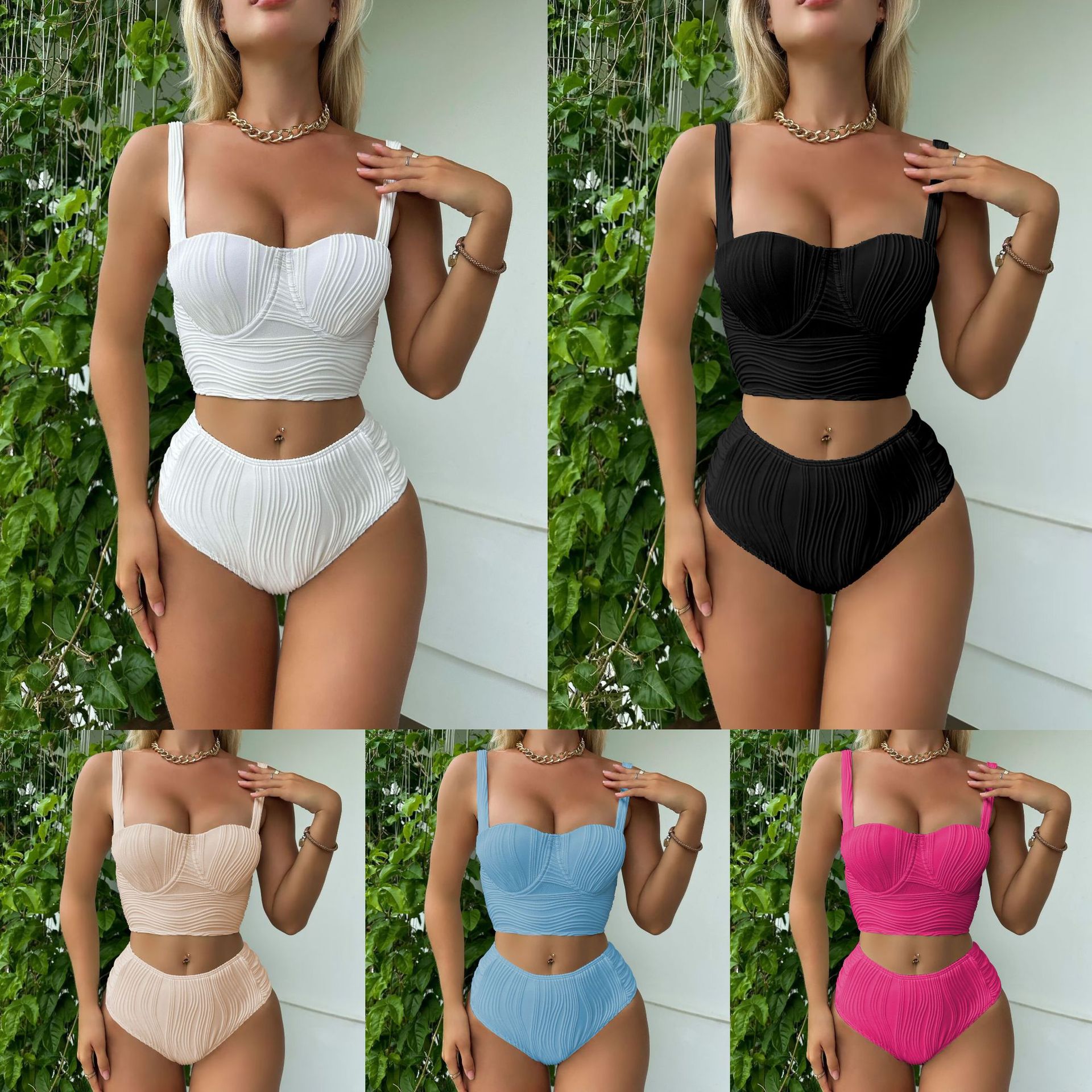 2025 European and American New Flower Thousand Bone Special Fabric Hard Back Split High Waist Swimsuit Swimsuit Cross-Border Amazon