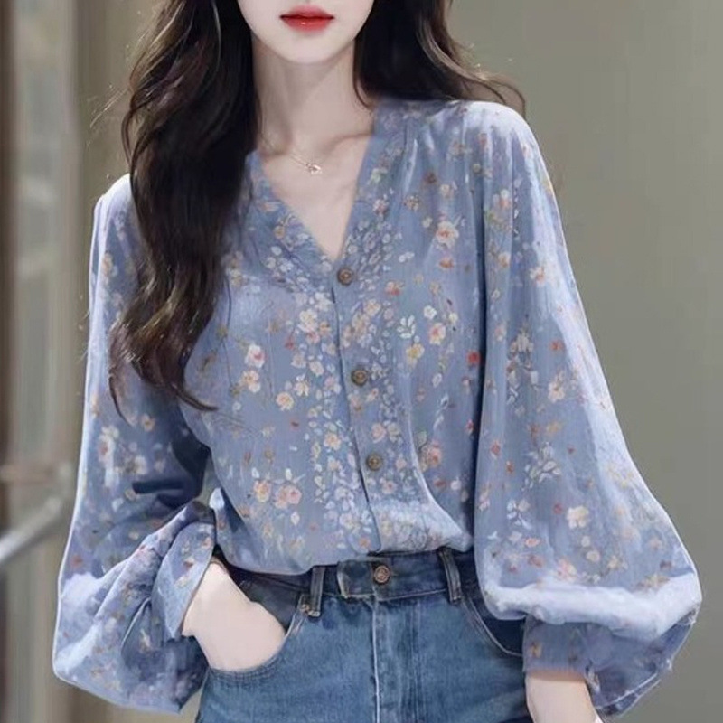 French Style Beautiful Unique Lady Elegant Mori Blue Floral Long-sleeved Shirt Top Women's Loose Collar Shirt Autumn