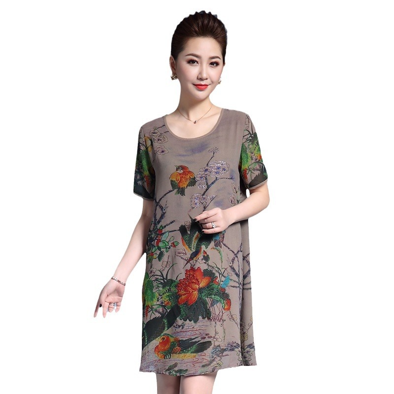 Picture of Middle-aged and Elderly Women's Belly-covering Slimming dress Midi Mother's Mid-sleeve Printed plus size Loose Skirt