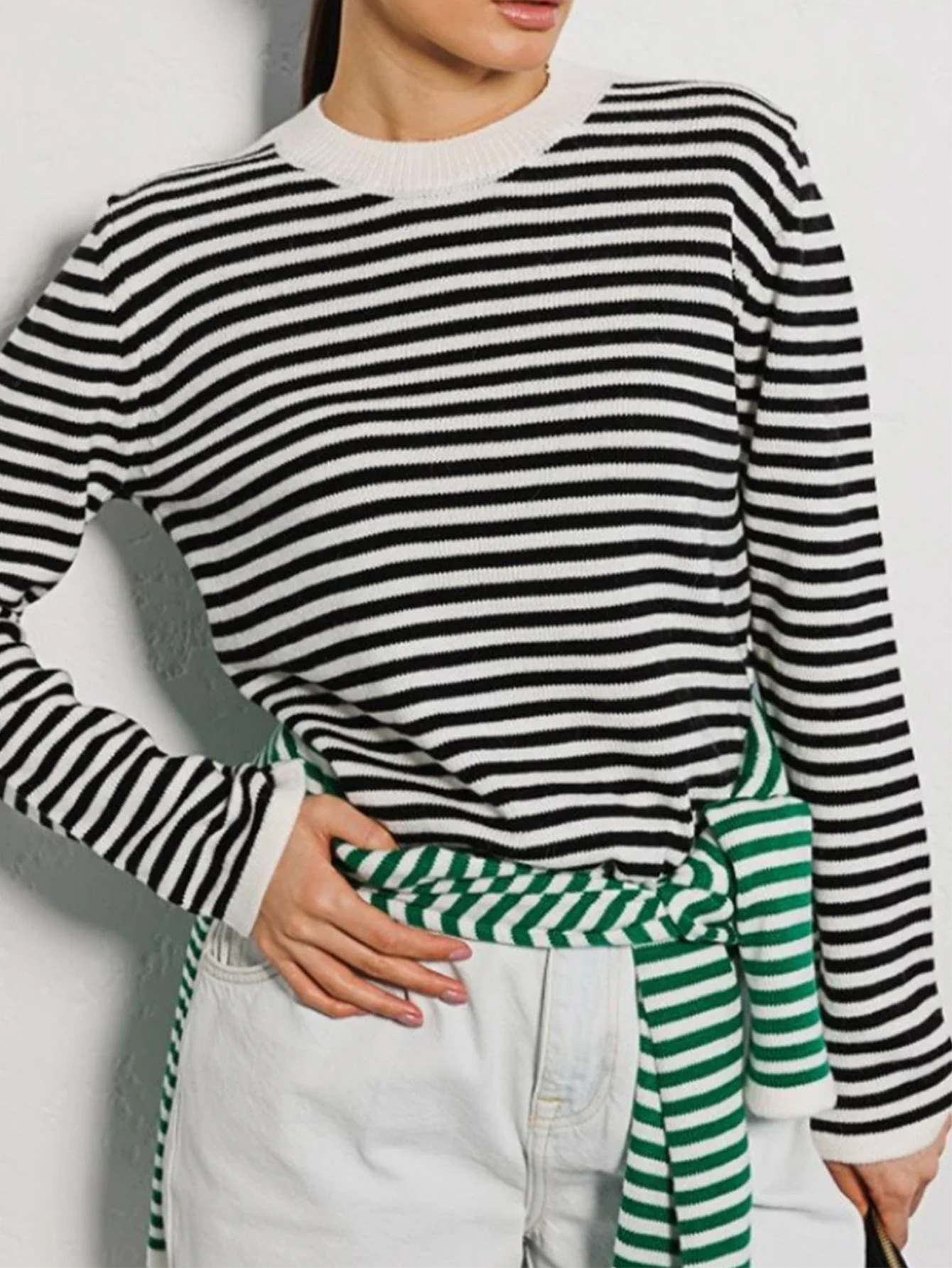 Round neck striped sweater cross-border 2024 early autumn new INS classic trend all-match commuter color striped sweater