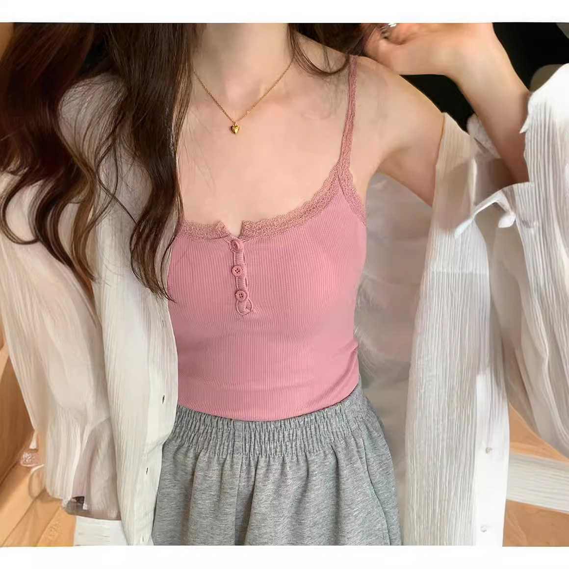 Picture of New Lace Inner Small Sling Spice Girl Slim-fit Sexy Vest Women's Design Sense Slim-fit Base Button Top Short