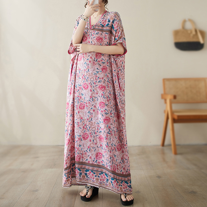 Foreign trade 2024 Summer V-neck thin plus size loose artistic holiday style beach dress retro meat covering long dress
