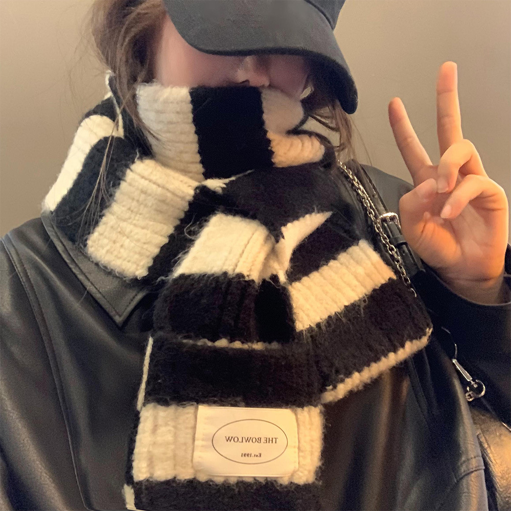 Japanese Style Contrast Black and White Striped Plush Small Scarf Women's Winter Korean Style All-match Thickened Warm Cold-proof Soft Waxy Scarf