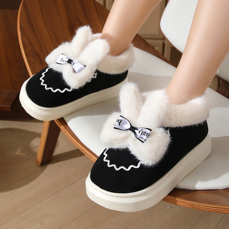 Cotton Slippers Women's Bag with Thick Sole Indoor Cute Bow Slippers Winter fleece-lined Warm High-top Cotton Shoes for Outer Wear