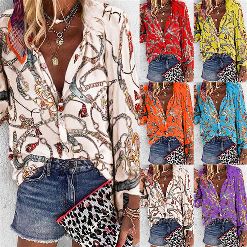 2019wish AliExpress eBay hot new autumn and winter multi-color chain printing collar long sleeve shirt Women