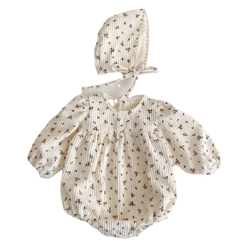 Picture of 2023 Spring and Autumn Baby Girl Corduroy Bubble Small Floral Long-Sleeved Triangle Climbing Suit Baby Girl's Pure Cotton Jumpsuit