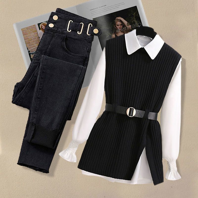 Autumn wear a set of women's 2024 new plus size knitted vest with shirt slimming jeans three-piece suit