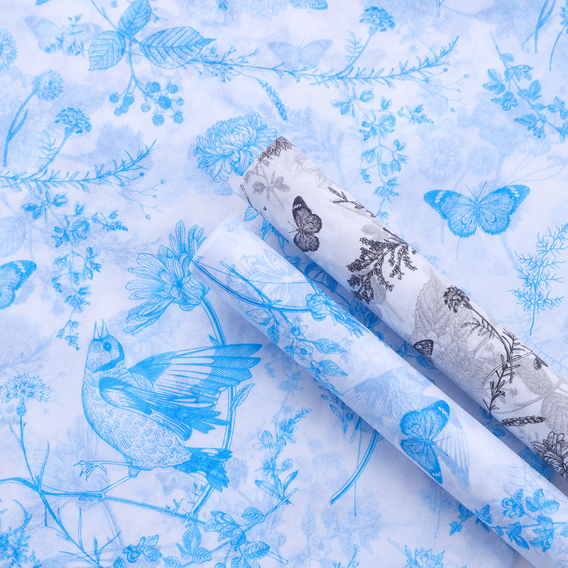 Cross-border selling 50*35CM fresh blue flower bird butterfly tissue paper flower gift wrapping paper 20 sheets