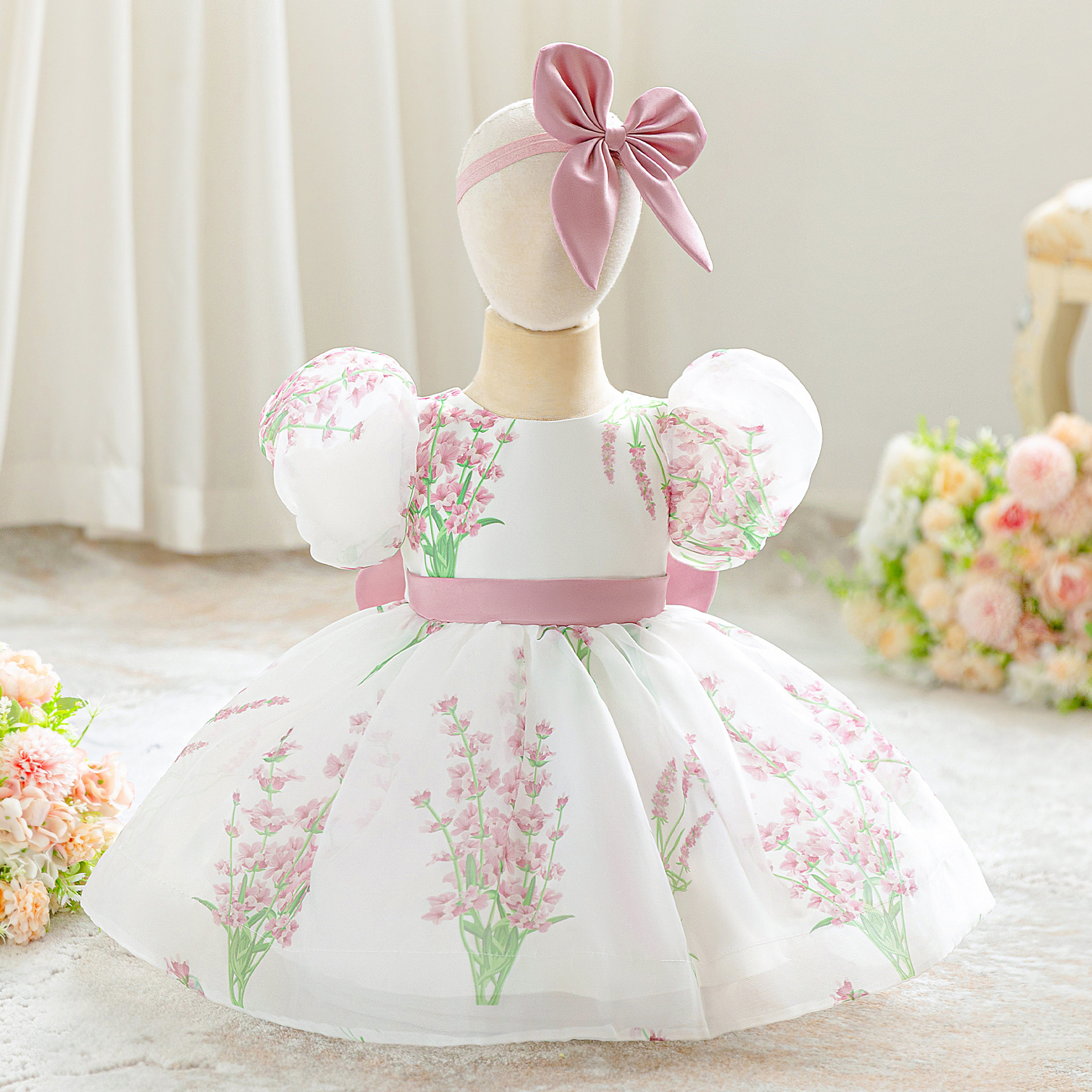 2025 New Summer Kidsren's Dress Lavender Mesh Printed Tutu Skirt Wedding Dress Flower Girl Princess Dress Performance Costume