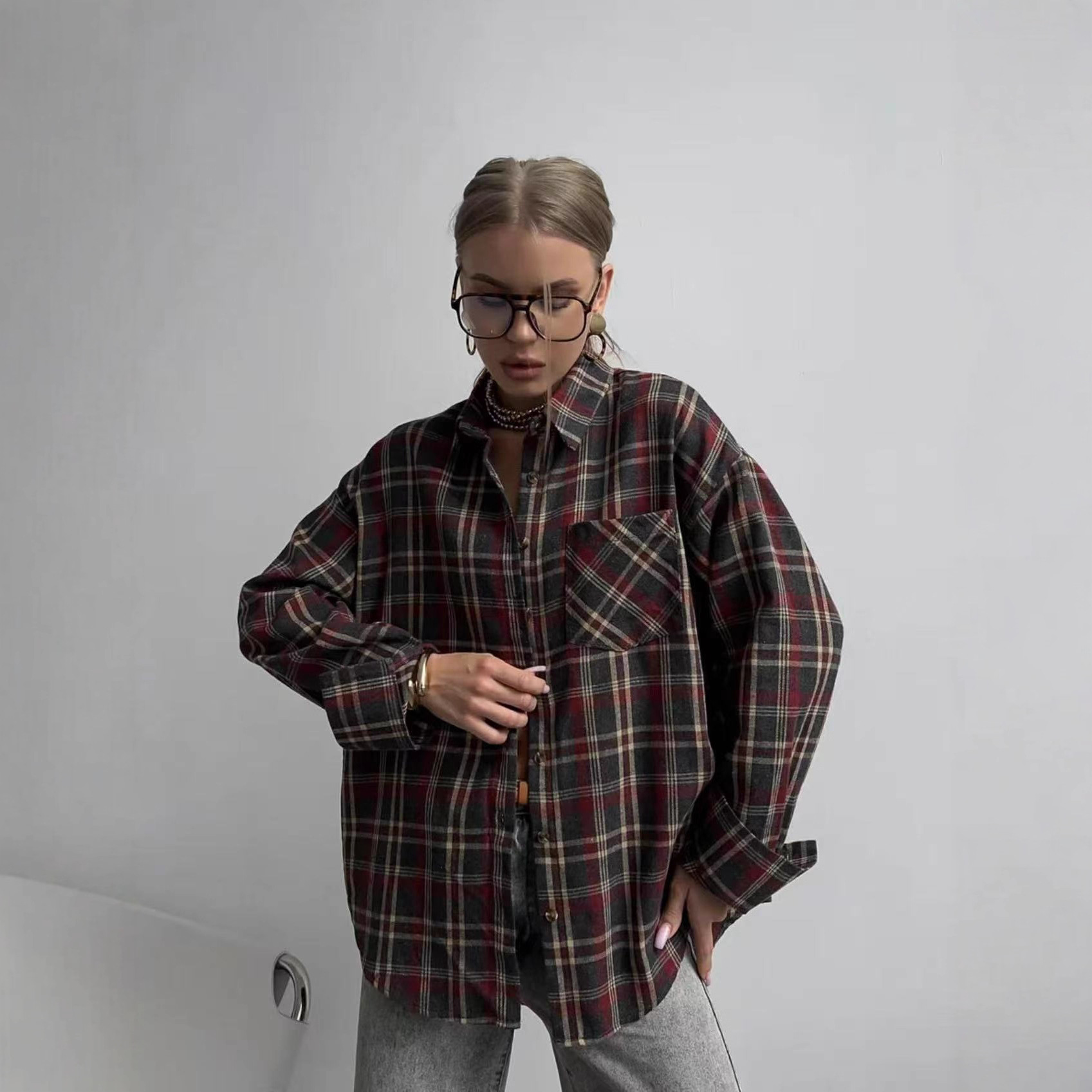 2025 Spring/Autumn New Plaid Shirt for Women, Amazon Cross-border Vintage Lapel Lazy Loose Long-sleeve Women's Shirt