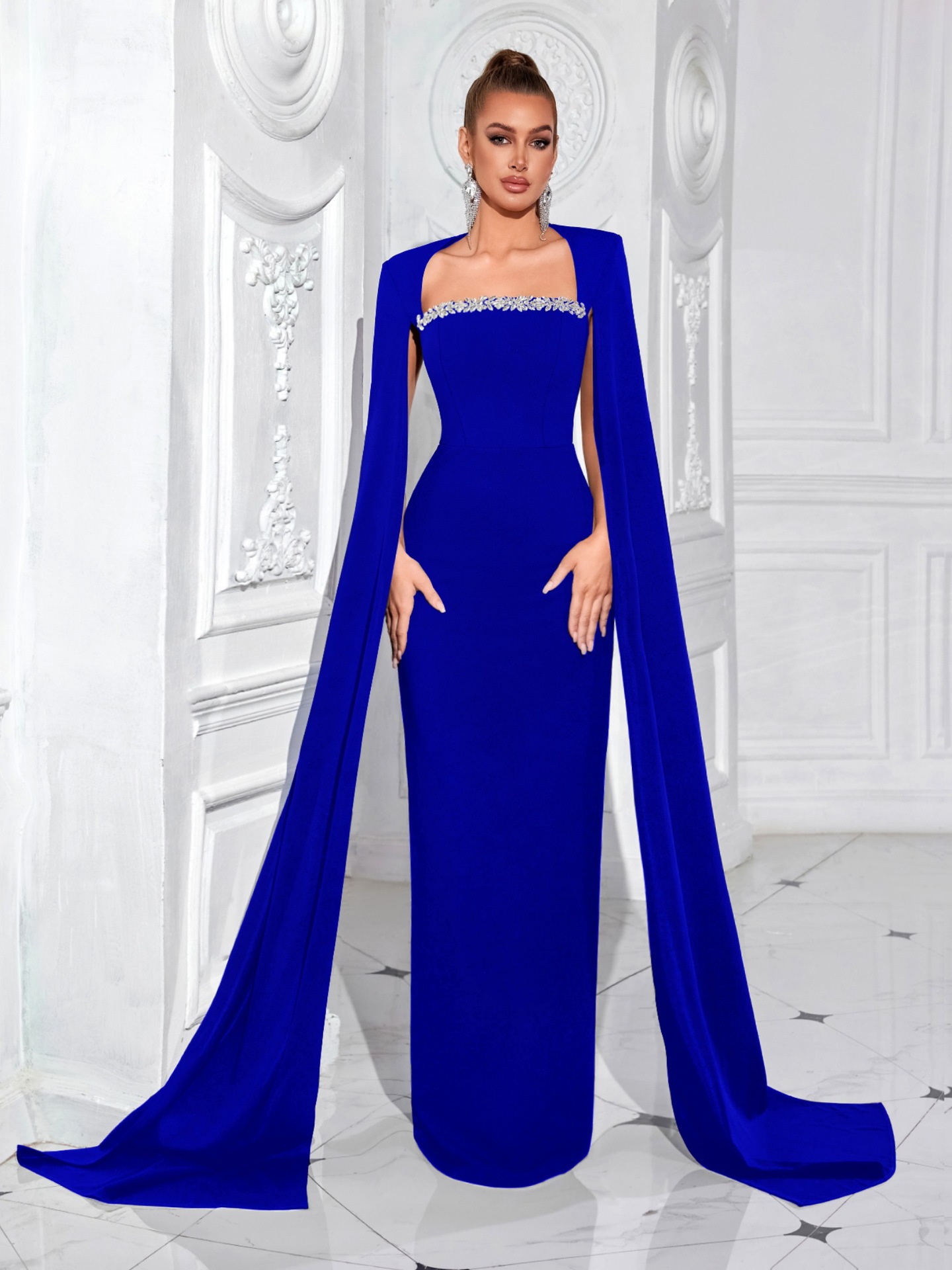 Picture of Europe and the United States Cross-border Sexy One-character Collar Diamond Stitching Evening Dress Mopping Long-sleeved Rear Split Solid Color Banquet dress