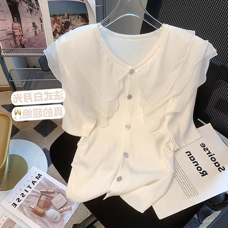 Summer 2024 women's clothing French gentle elegant big ruffled stitching short sleeve shirt top