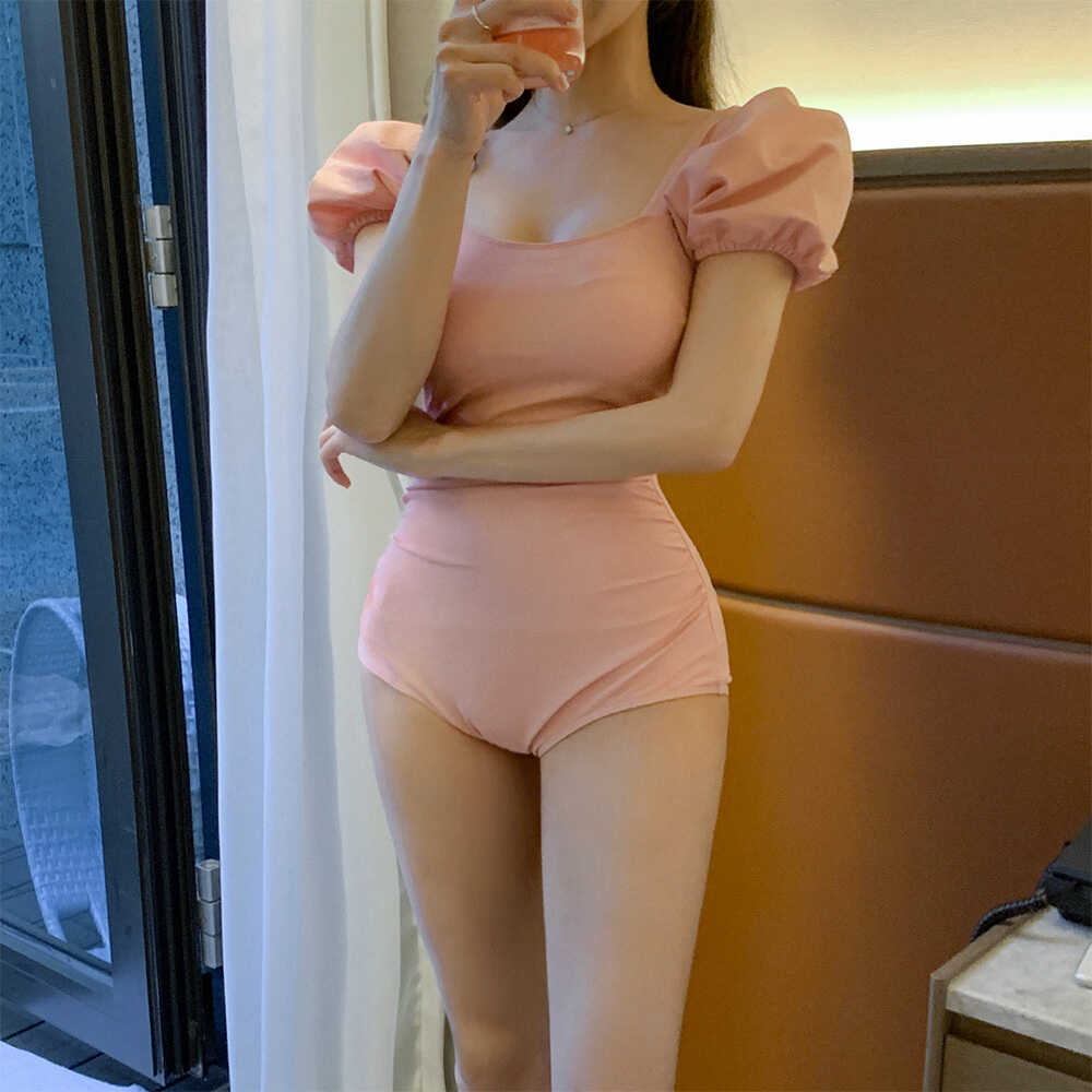 Manufacturers selling new Korean version of solid color swimwear sexy slim belly cover conservative fashion bubble sleeve one-piece swimsuit women