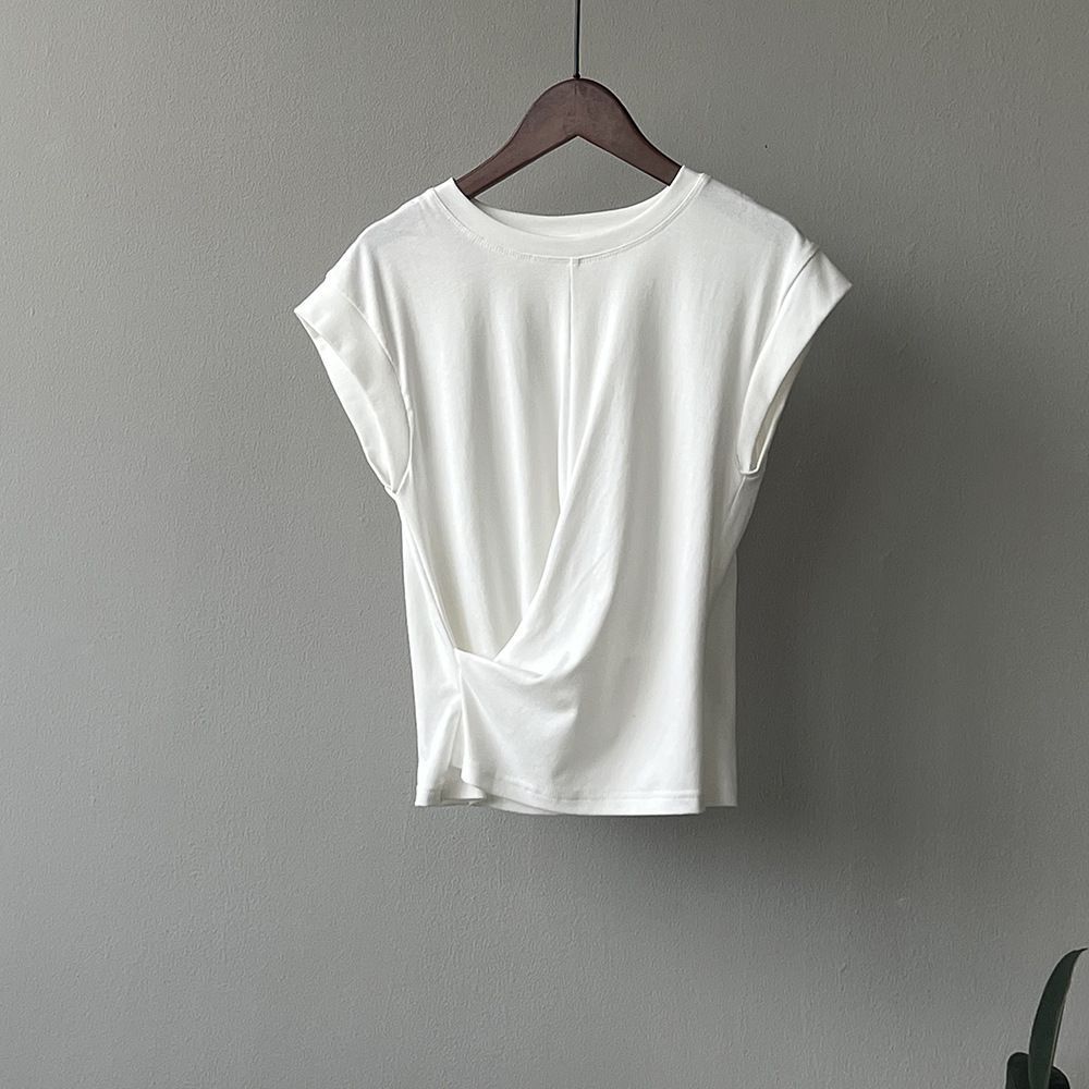 Designed Cross-Waist Asymmetrical Small Flying Sleeve T-Shirt for Women Summer New Pleated Slim Short Modal Top
