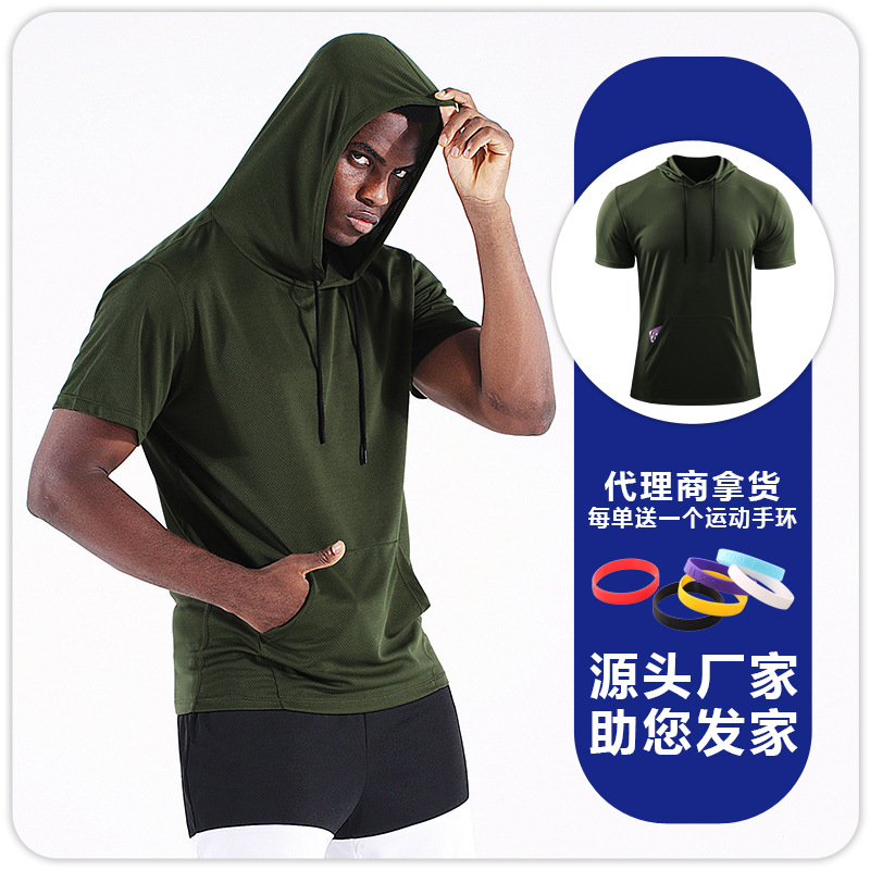 Picture of Men's Large Size Loose Short-Sleeved Fitness Clothing Hooded Flap Pocket Pants Quick-Drying Clothing Breathable Half-Sleeved T-Shirt Basketball Muscle Training Clothing