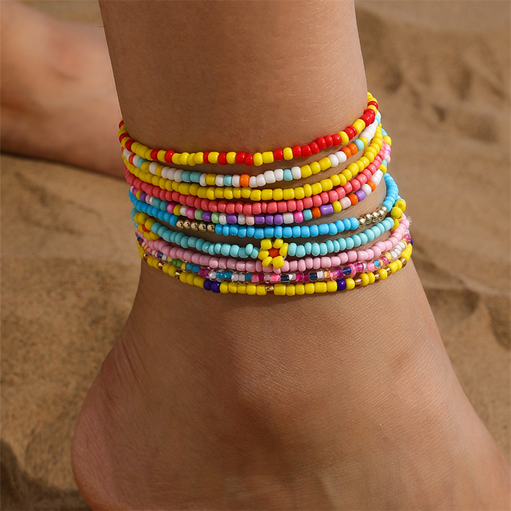 Amazon hot selling new bohemian style beaded anklet colorful small flower beaded anklet 10 piece set random hair