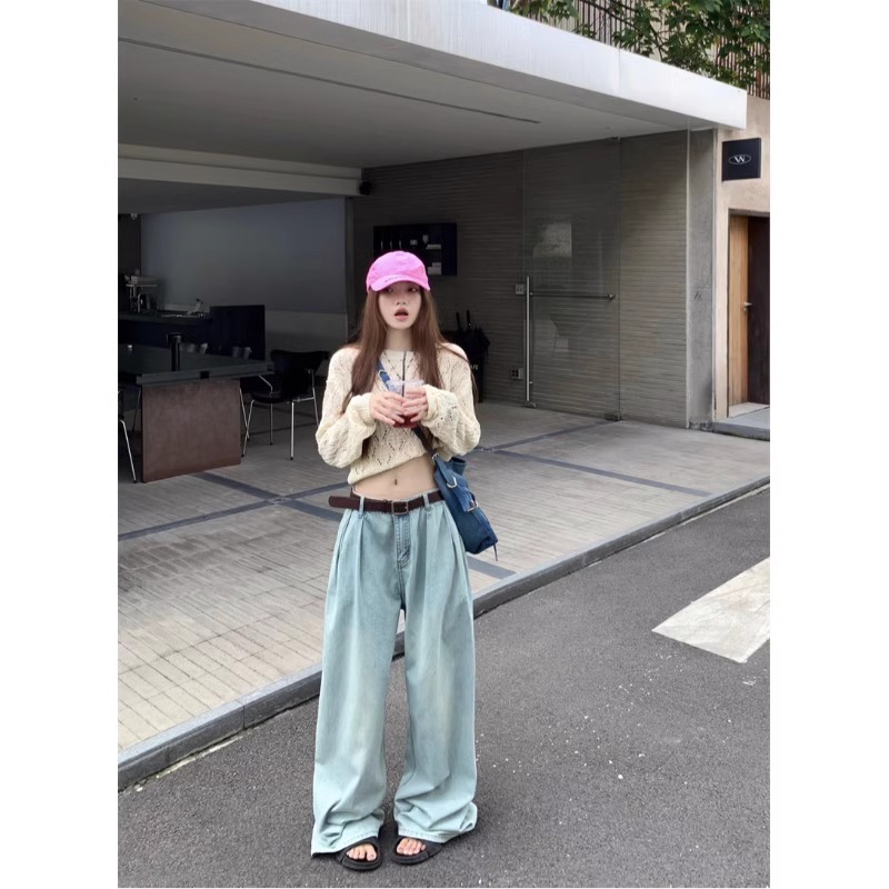Vintage Washed Light-colored Wide-leg Jeans Women's Pleated Design Dipped Straight-leg Pants Loose Slimming Trousers