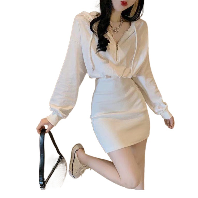 Autumn and Winter 2025 New Style Light Mature Style Waist Slimming Look Petite Dress Women's Long-Sleeved Hooded Bottoming Sweatshirt Dress