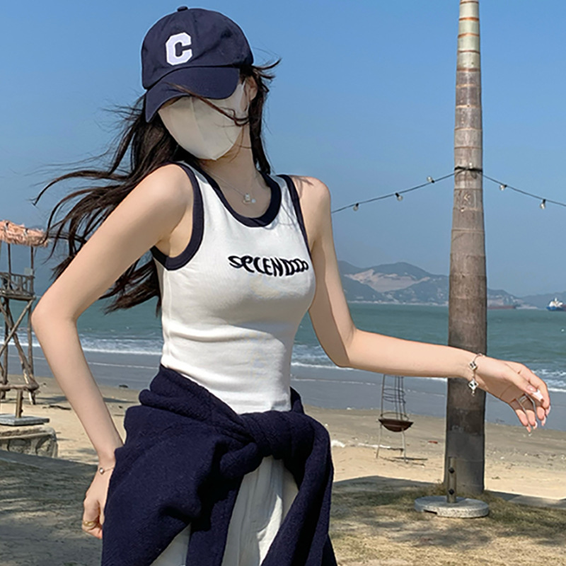 Letter Embroidery Design Vest Suspender Women's Slim Short Suit with 2025 Summer New Racer Top
