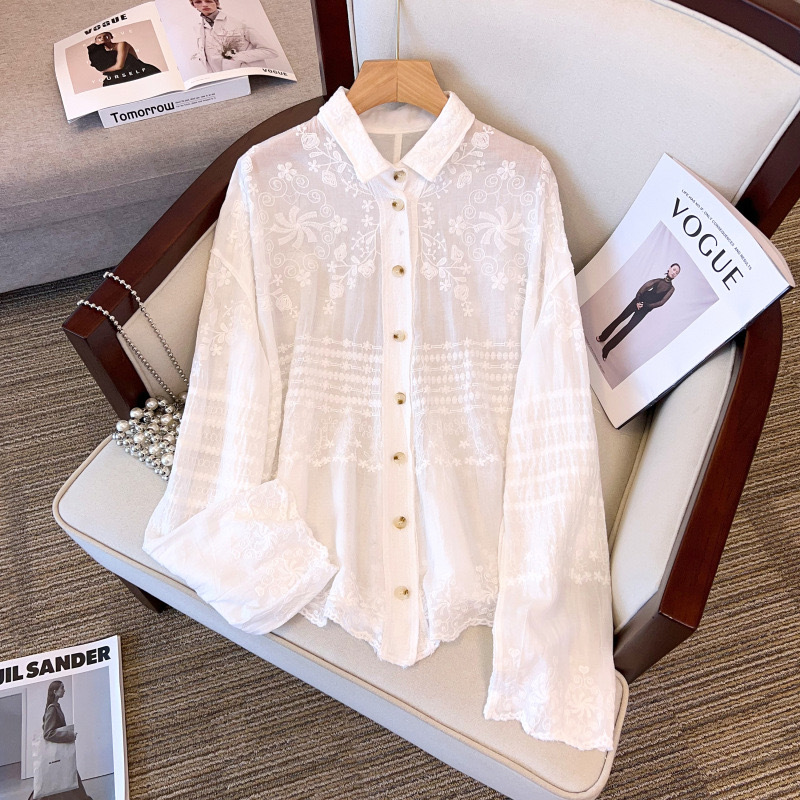 Picture of Spring and Autumn new artistic fresh loose cotton lace embroidered single-breasted Shirt women's casual irregular top