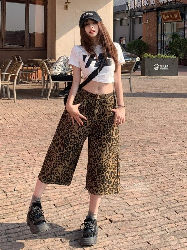 American Leopard Print Jeans Women's Spring and Summer 2025 New High Waist Slimming Straight Loose Wide Leg Cropped Short Pants