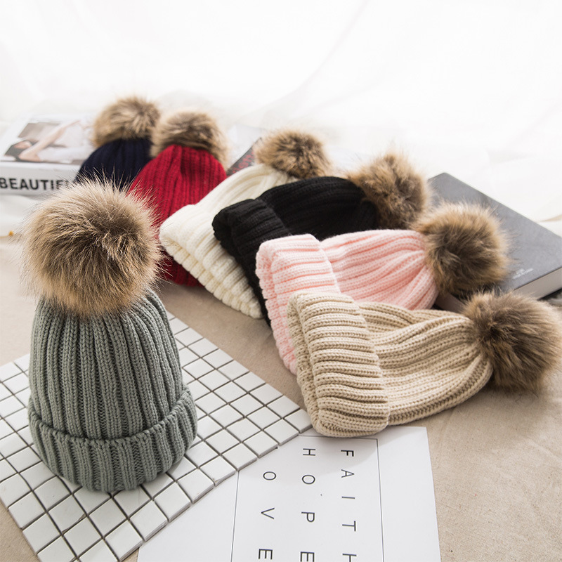 Hat Women's Autumn and Winter Korean Style Thickened Knitted Hat Amazon Imitation Raccoon Fur Ball Wool Hat Warm Cap Trendy