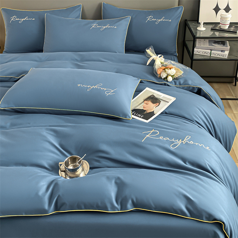Picture of Solid color double four-piece set of style bed sheets home light luxury quilt cover washed cotton embroidered letter quilt cover three-piece set