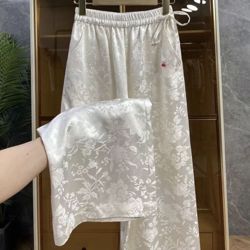 Chinese Style Jacquard Satin Pants Chinese Style Wide Leg Pants for Women Spring and Summer New High Waist Draped Slim Straight Casual Loose