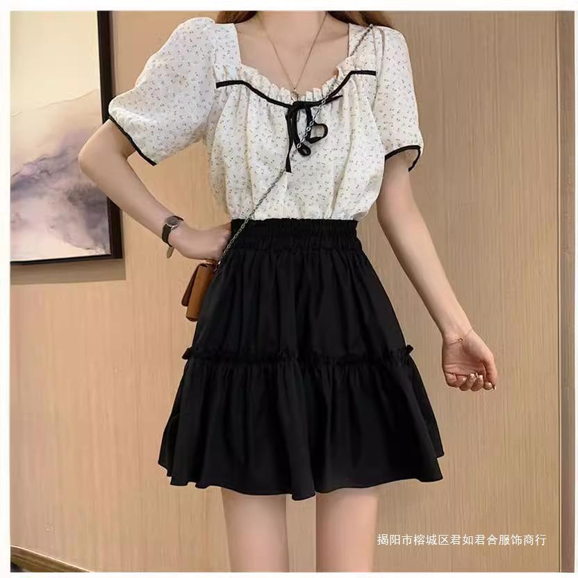 Black All-match Girl's Summer 2023 New Style Over-skirt Pleated Skirt High Waist Slimming Half-length A- line Hip Skirt