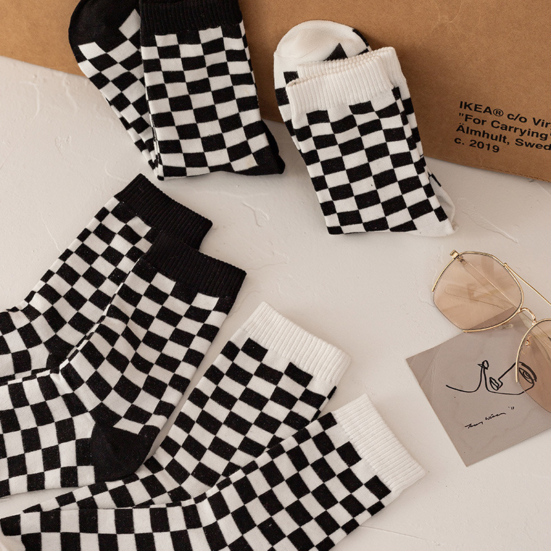 Couple's Cotton Black and White Plaid Mid-length Stockings Children's Spring and Autumn Summer Ins Trendy Outfit Internet Celebrity Checkerboard Stockings