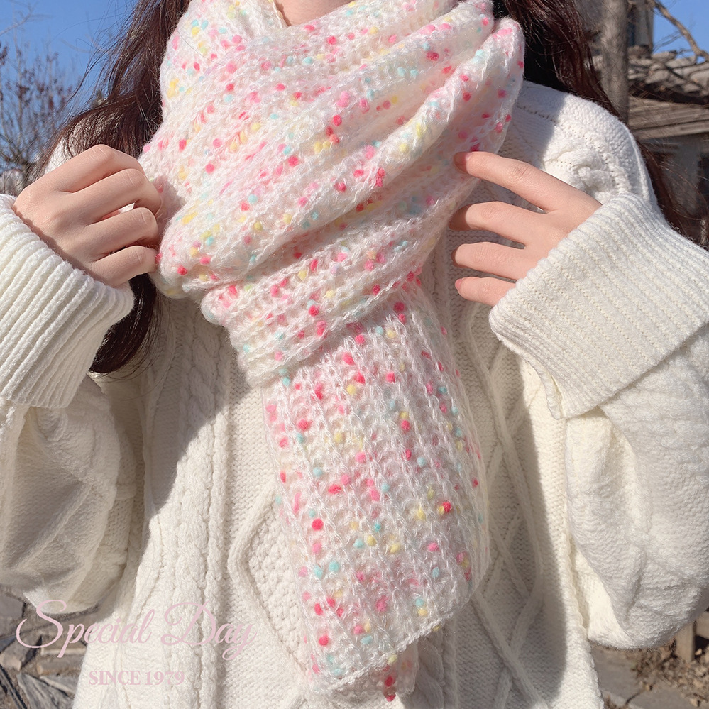 Picture of Imitation mink velvet sugar bean color wave dots warm autumn and winter light fluffy wool knitted white small scarf K