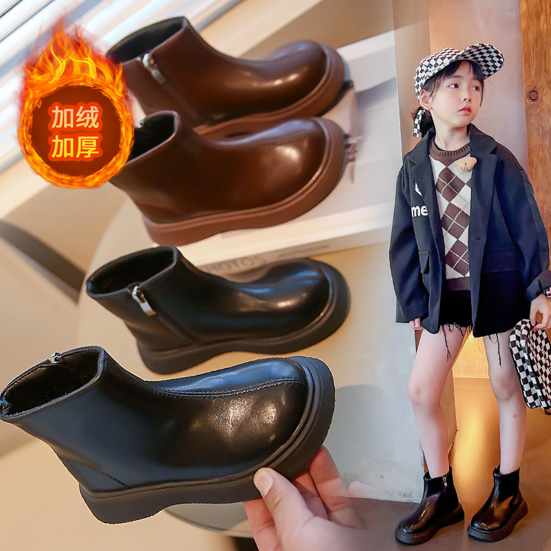 Girls Boots 2024 Autumn and Winter New Children Martins Boots Short Boots Baby Leather Boots fleece-lined Little Girl Two Cotton Shoes